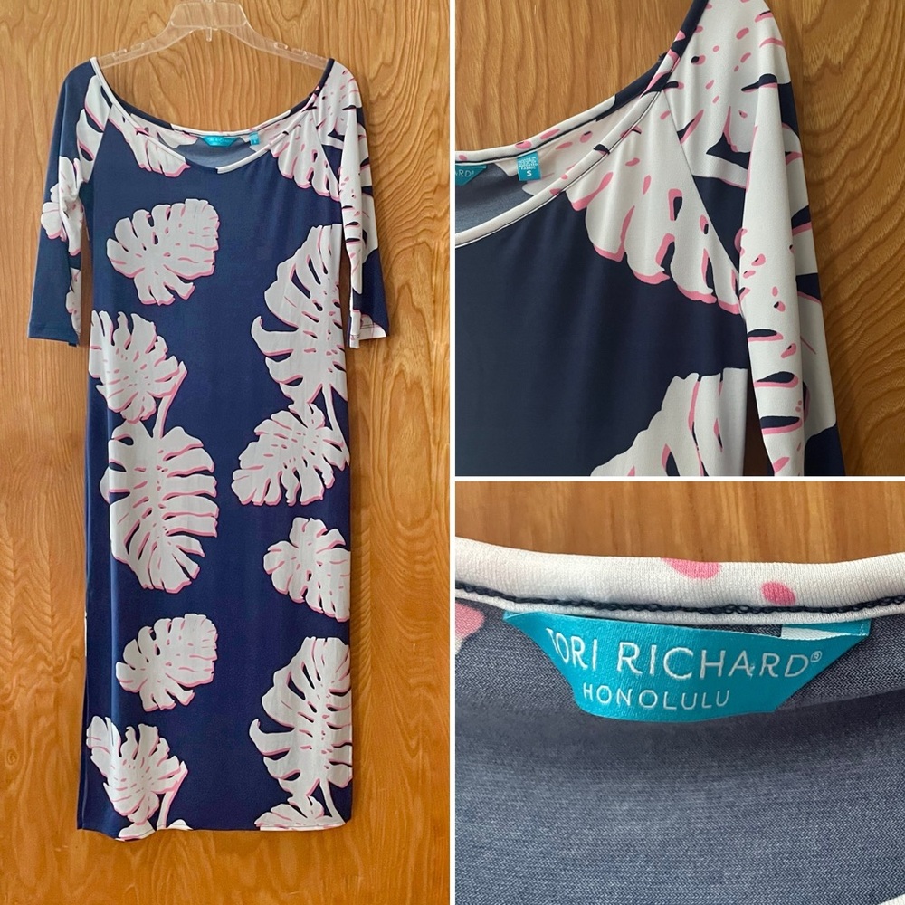 Tori Richard maxi dress, navy with white palm print made in Hawaii, size small